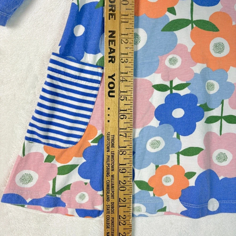 Mini Boden Floral Dress Kids 7-8Y Blue Pink Excellent Long Sleeve Striped Pocket
